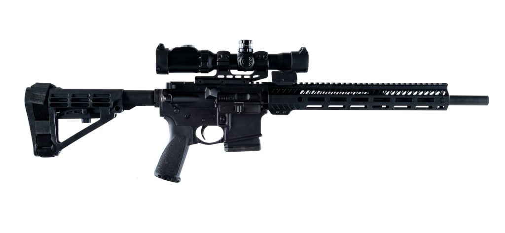 Anderson Mfg AM-15 5.56x45mm Semi Auto Pistol: Description Anderson Manufacturing AM-15 chambered in 5.56x45mm NATO with one, ten round PMAG magazine and a 16" 1/8 twist barrel. 13" MLOK free float handguard. Flat top upper receiver with mounted A