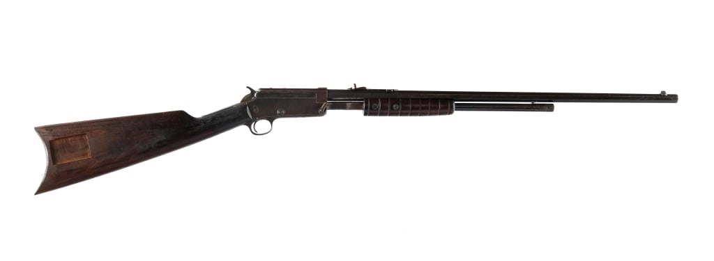 Marlin 27-S .25-20 Win Pump Action Rifle: Description Marlin 27-S chambered in .25-20 Winchester with a seven round tubular magazine and a 24" octagonal barrel. Adjustable rear sight and fixed front blade. Drilled and tapped receiver. Patinat