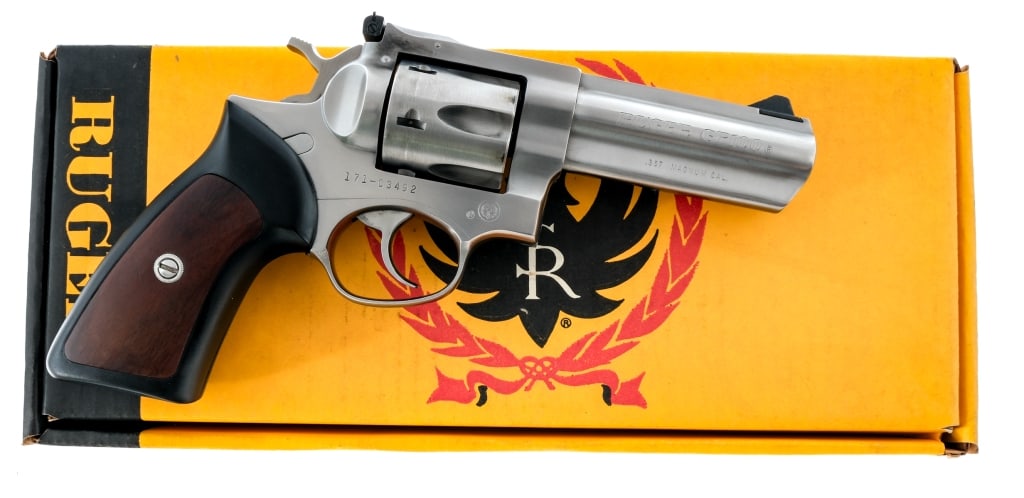 Ruger GP-100 .357 Magnum Revolver: Description Ruger GP-100 chambered in .357 Magnum with a six-shot cylinder and a 4" barrel. Manufactured in 1989 with serial number 171-03492. Stainless steel finish and construction. Double action tr