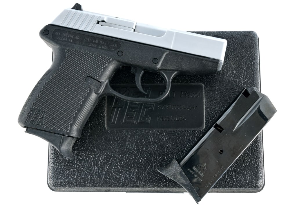 Kel-Tec P-11 9mm Semi Auto Pistol: Description Kel-Tec P-11 chambered in 9mm with two, twelve round magazines and a 3.1" barrel. Textured polymer frame. Double action only trigger with internal hammer. Stainless steel slide. White thre