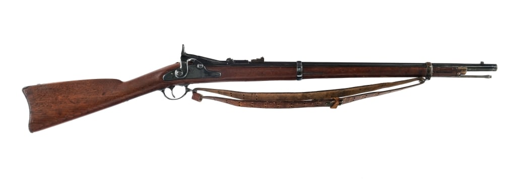 U.S. Springfield 1866 Trapdoor .50-70 Govt Rifle: Description U.S. Springfield Model 1866 Allin Trapdoor Conversion in .50-70 Government with a single round capacity and a 26" barrel. Metal butt plate. Smooth wood stock. Blued trigger, guard, lock pl