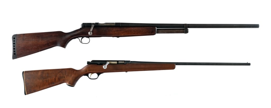 Marlin / J.C. Higgins 2 Pcs Lot Shotgun: Description Marlin Model 59 Olympic in .410 Bore with a single round capacity and a 24" barrel. Smooth wood stock. Blued receiver and barrel. Serrated gold trigger. Front fixed brass bead sight. J.C. 