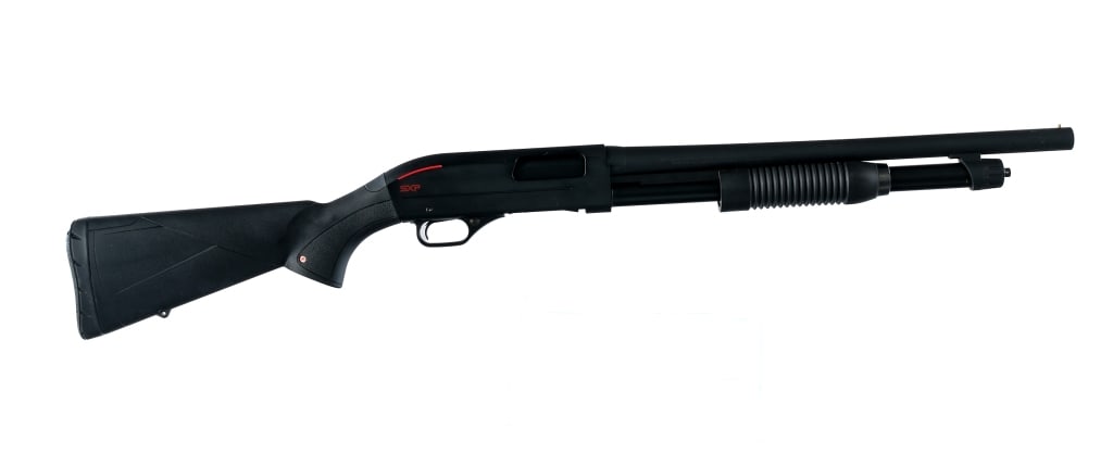 Winchester SXP 12 Ga Pump Action Shotgun: Description Winchester SXP "Super X Pump" Defender in 12 gauge 2 3/4"-3" with a four round capacity and a 18" barrel. Rubber butt pad. Black composite stock and front forend. Matte black finished rece