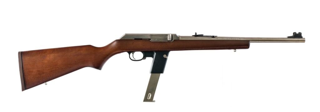 Marlin 9N 9mm Semi Auto Rifle: Description Marlin Model 9N ( Camp 9 ) in 9mm with one, aftermarket thirty round removable magazine and a 16.5" barrel. Made in North Haven Connecticut in 1991. Stainless steel barrel, drilled and