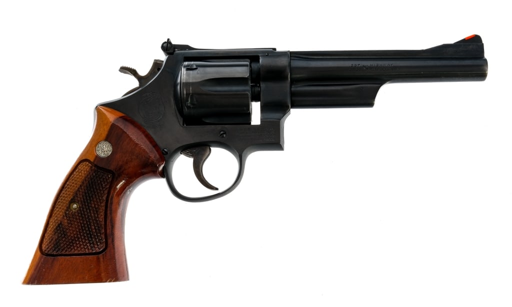 S&W 28-2 Highway Patrolman .357 Mag Revolver: Description Smith & Wesson Model 28-2 Highway Patrolman in .357 Magnum with a six round capacity and a 6" barrel. Made in Springfield Massachusetts in 1973. Checkered S&W Goncalo Alves wood grip plate