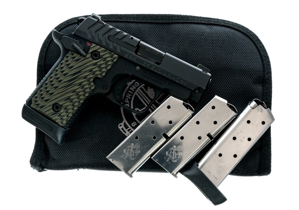 Springfield Armory 911 .380 ACP Semi Auto Pistol: Description Springfield Armory 911 in .380 ACP with four varied capacity magazines and a 2.75" barrel. This model has been discontinued. Textured G-10 grip plates. Matte blued alloy frame and