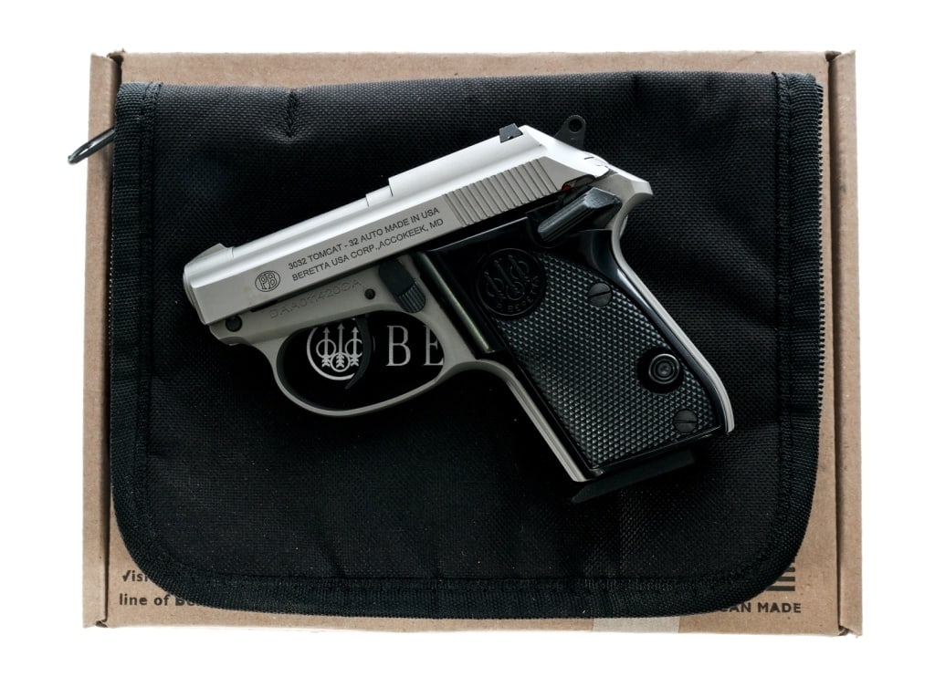 Beretta 3032 Tomcat .32 ACP Semi Auto Pistol: Description Beretta 3032 Tomcat Inox Stainless in .32 caliber with one, seven round removable magazine and a 2.5" tip up barrel. Checkered composite grip plates. Inox finished frame, serrated slide an