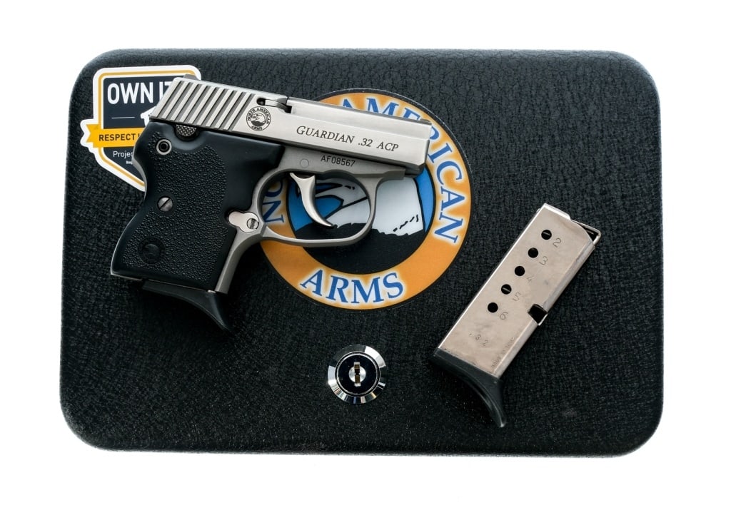 NAA Guardian .32 ACP Semi Auto Pistol: Description North American Arms Guardian in .32 ACP with two, six round removable magazines and a 2.25" barrel. Dimpled composite grip plates. Matte steel frame, trigger, bobbed hammer, barrel and ser