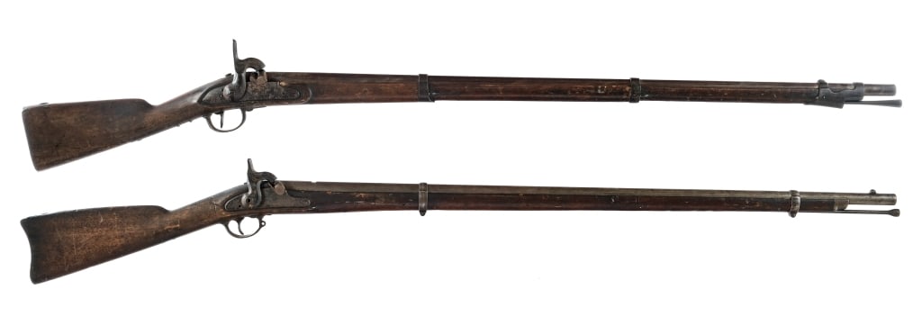 Black Powder Percussion Long Guns 2 Pcs Rifle: Description This lot is for two percussion black powder rifles. The first is a Belgian/French Import Conversion Rifle measuring 18.66mm at the bore with a single round capacity and a 42" barrel. The r