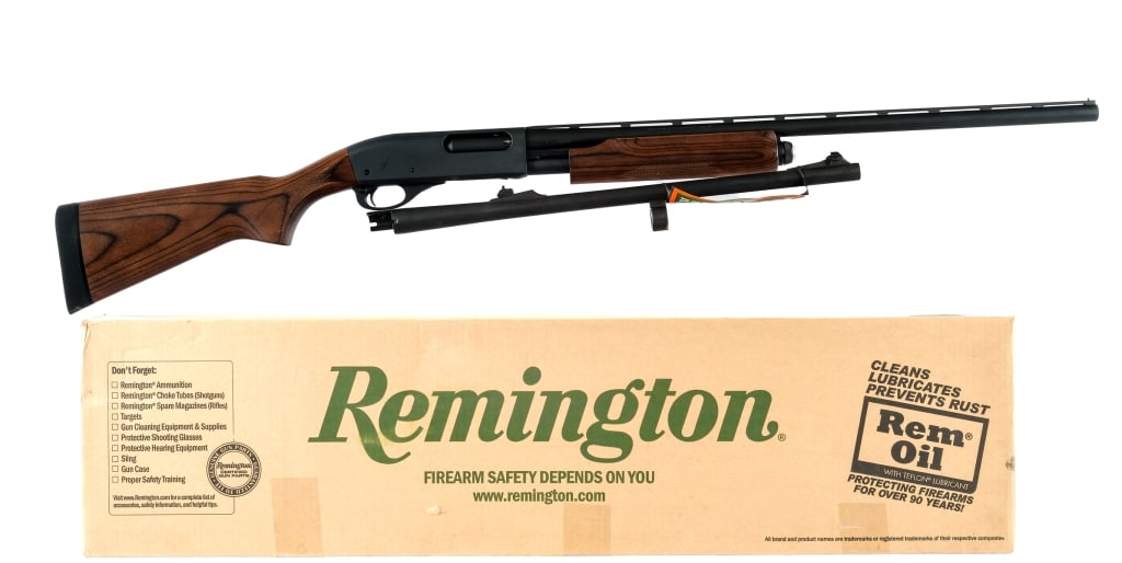 Remington 870 Express Combo 12 Ga Shotgun: Description Remington 870 Express Combo in 20 Gauge for 2 3/4" and 3" shells with a four round tube magazine and a 25.5" vented rib barrel. Removable MOD choke. Rubber butt pad. Laminated checkered wo