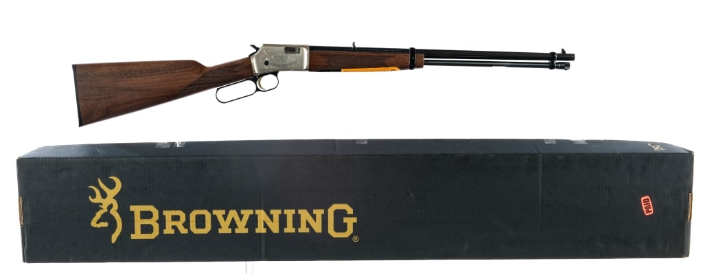 Browning BL-22 Grade II .22 Cal Lever Action Rifle: Description Browning BL-22 Grade II chambered in .22 short, long and long rifle with a varied capacity tube magazine and a 20" barrel. Adjustable rear sight and fixed front blade. Blued barrel, magazi