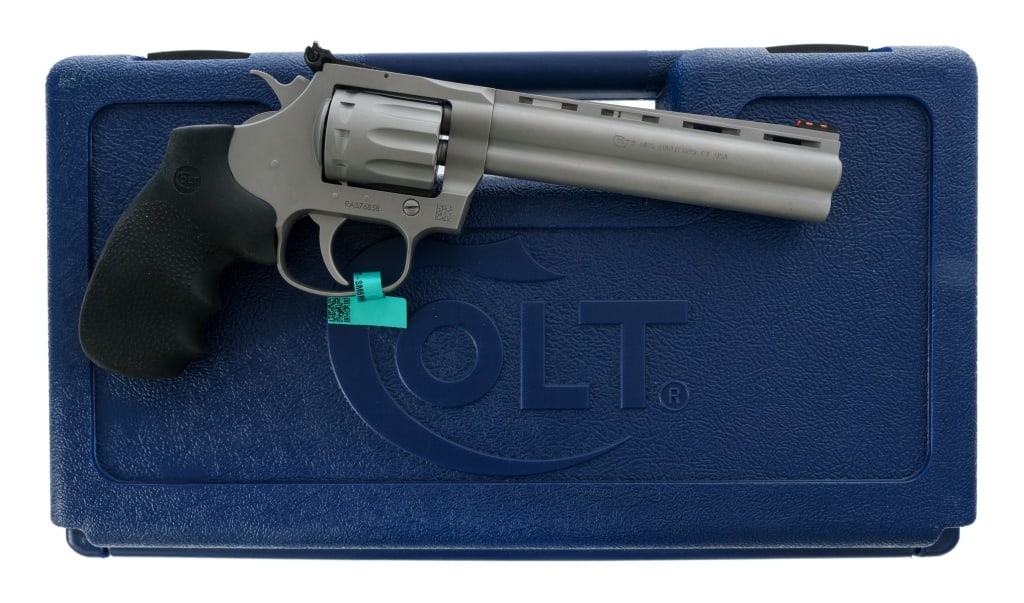 Colt King Cobra 22 Long Rifle Revolver: Description Colt King Cobra chambered in .22 long rifle with a ten-shot cylinder and a 6" vented rib barrel. Matte finished stainless steel construction and finish. Pebble textured rubber grips. Adjus
