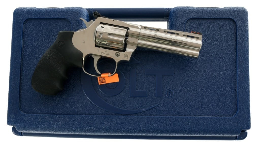 Colt King Cobra 22 Long Rifle Revolver: Description Colt King Cobra chambered in .22 Long Rifle with a ten-shot cylinder and a 4.25" barrel vented rib barrel. Stainless steel construction and finish. Pebble textured rubber grips.