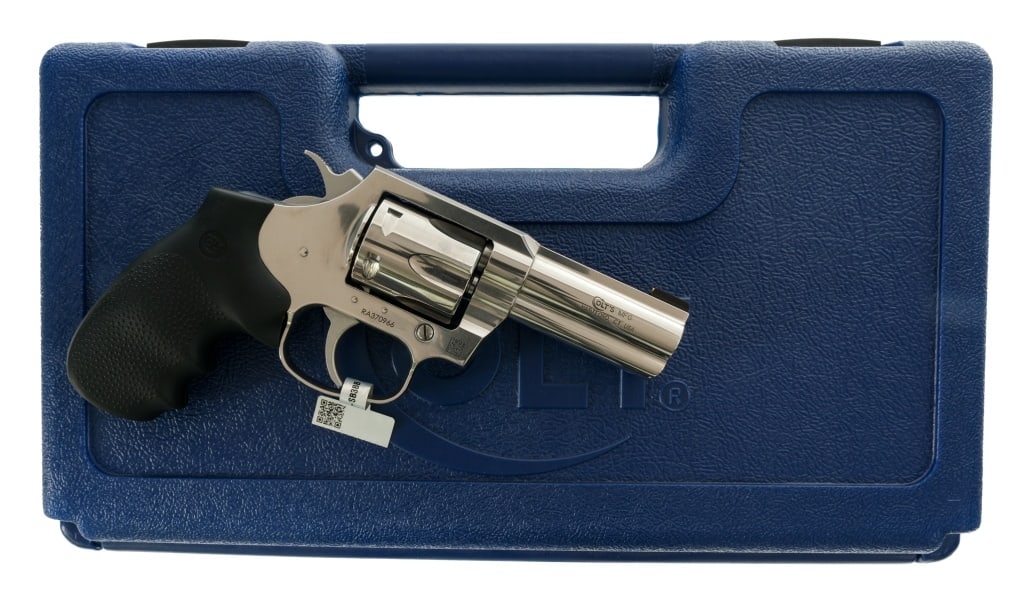 Colt King Cobra .357 Magnum Revolver: Description Colt King Cobra chambered in .357 Magnum with a six-shot cylinder and a 3" barrel. Stainless steel construction and finish. Pebble textured rubber grips. Rear notch and beaded front blade
