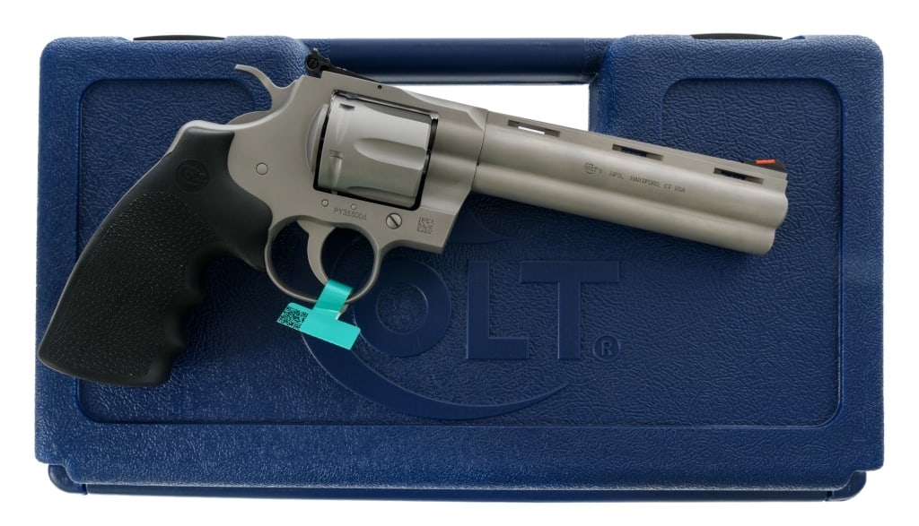 Colt Python .357 Magnum Revolver: Description Colt Python chambered in .357 Magnum with a six-shot cylinder and a 6" vented rib barrel. Matte stainless steel construction and finish. Pebble textured rubber pistol grip. Adjustable
