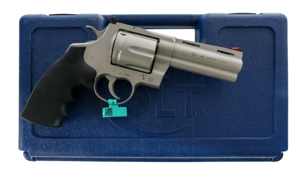 Colt Anaconda .44 Remington Magnum Revolver: Description Colt Anaconda chambered in .44 Remington Magnum with a six-shot cylinder and a 4.25" vented rib barrel. Matte stainless steel construction and finish. Pebble textured rubber grips.