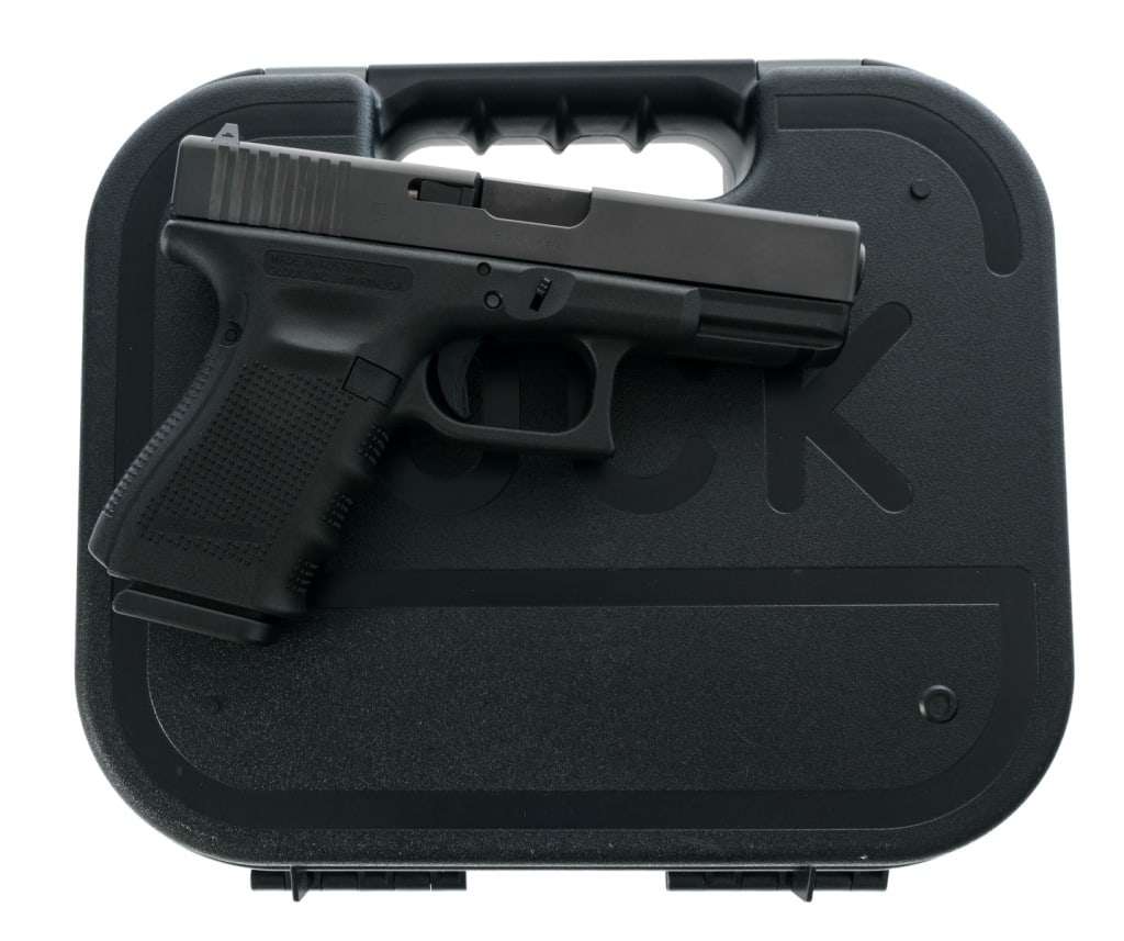 Glock 32 Gen 4 .357 Sig Semi Auto Pistol: Description Fourth Generation Glock 32 chambered in .357 Sig with one, thirteen round magazine and a 4.02" barrel. Textured polymer frame with interchangeable backstrap and accessories rail. Polymer