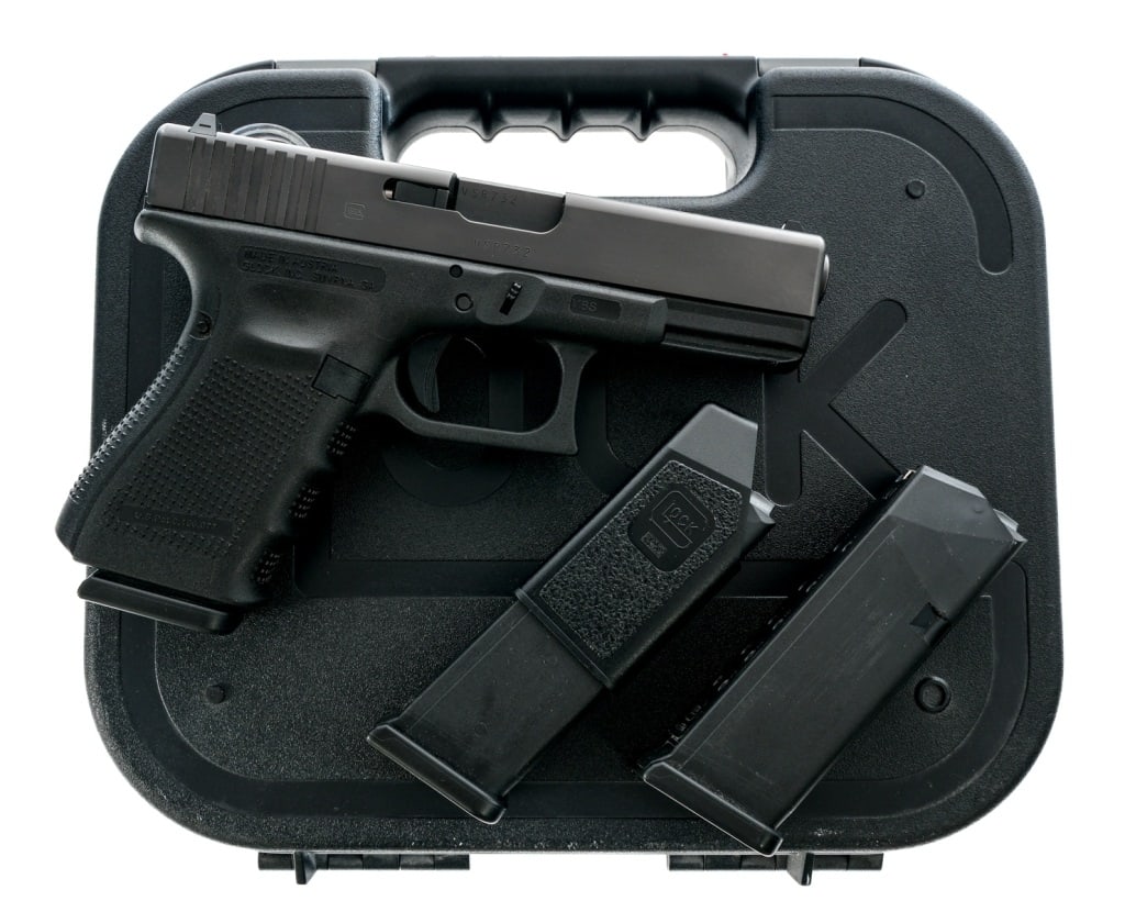 Glock 23 Gen 4 .40 S&W Semi Auto Pistol: Description Fourth Generation Glock 23 chambered in .40 Smith & Wesson with three, thirteen round magazines and a 4.02" barrel. Textured polymer frame with interchangeable backstrap and accessories