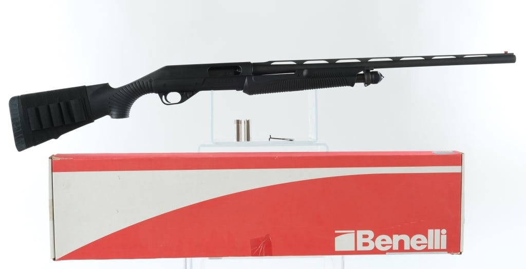 Benelli Nova 20 Ga Pump Action Shotgun: Description Benelli Nova chambered in 20 Gauge for 2 3/4" and 3" shells with a four round tube magazine and a 26" ventilated rib barrel. Removable Full choke. Matte black finished barrel, magazine tub
