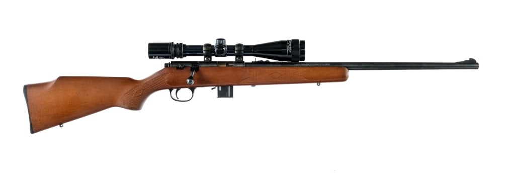 Marlin 25MN .22 Magnum Bolt Action Rifle: Description Marlin model 25MN chambered in .22 Magnum with one, seven round removable magazine and a 22" barrel. Blued barrel, receiver, and bolt handle. Checkered wood forend and buttstock with compo