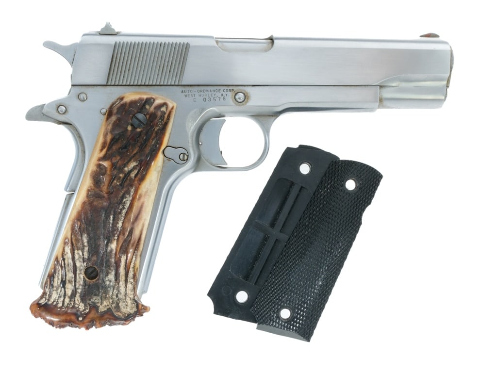 Auto Ordnance 1911 .45 ACP Semi Auto Pistol: Description Auto Ordnance Thompson 1911 chambered in .45 ACP with a 5" barrel. Stainless steel frame with target stag grips. Single action trigger. Frame mounted thumb safety and grip safety. Stainles