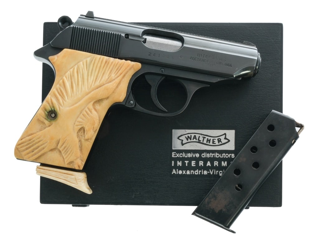 Walther PPK/S .380 ACP Semi Auto Pistol: Description Walther PPK/S chambered in .380 ACP with two, seven round magazines and a 3.3" barrel. Imported by Interarms, marked on the slide. One of the magazines has a custom bone baseplate. Blued s