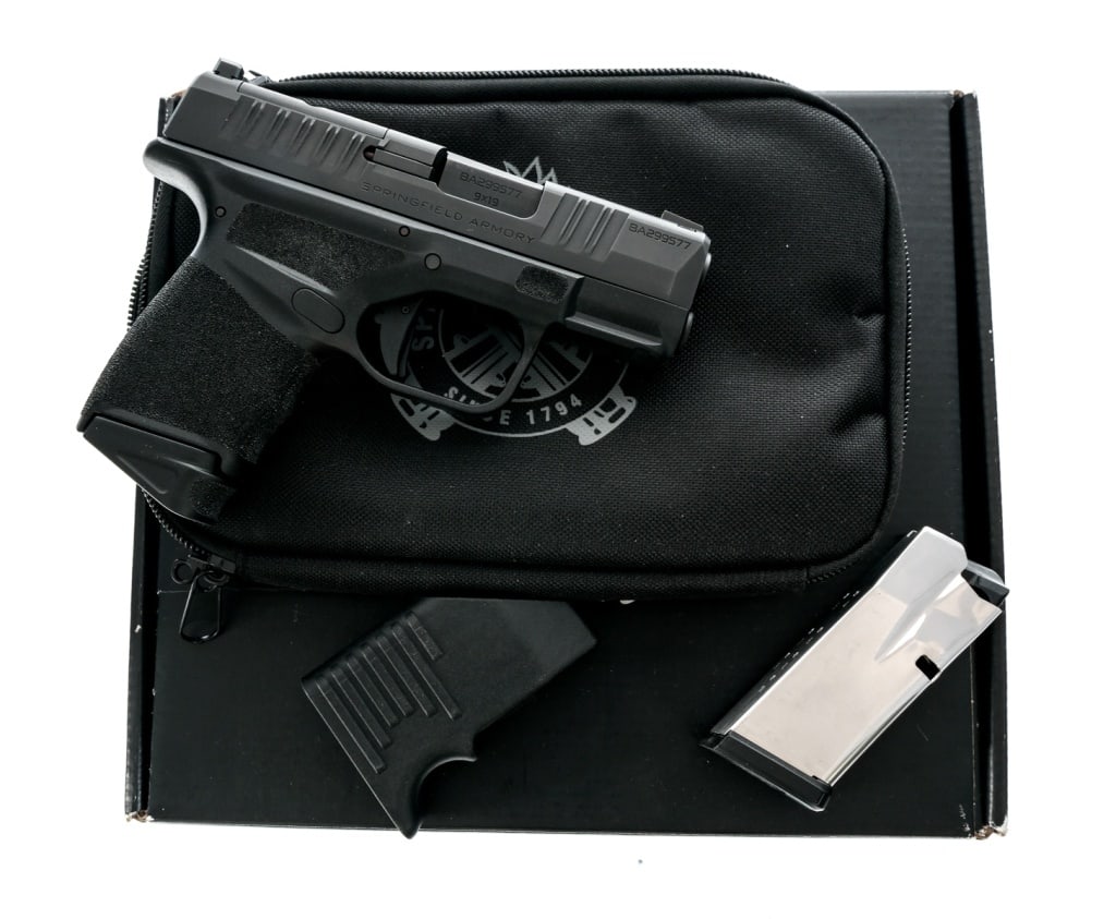 Springfield Armory Hellcat 9mm Semi Auto Pistol: Description Springfield Armory Hellcat chambered in 9mm with two, ten round magazines and a 3" hammer forged steel barrel. Black polymer frame with adaptive grip texture. Polymer trigger with trigger 