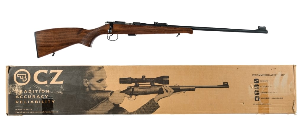 CZ 452-2E-ZKM .22 LR Bolt Action Rifle: Description CZ Model 452-2E-ZKM Training Rifle with one, five round removable magazine and a 24.5" barrel. Made in the Czech Republic and imported by CZ-USA. Black serrated composite butt plate. Check
