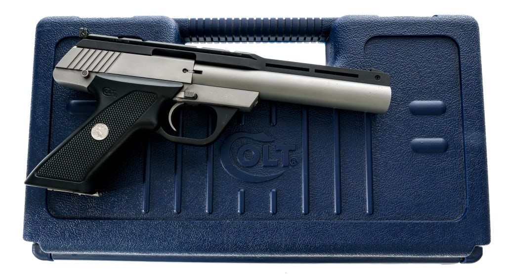 Colt Target Model .22 LR Semi Auto Pistol: Description Colt Target Model in .22 long rifle with one, ten round removable magazine and a 6" heavy bull barrel. Made in Hartford Connecticut in 2000. Stainless steel frame with a checkered polymer 