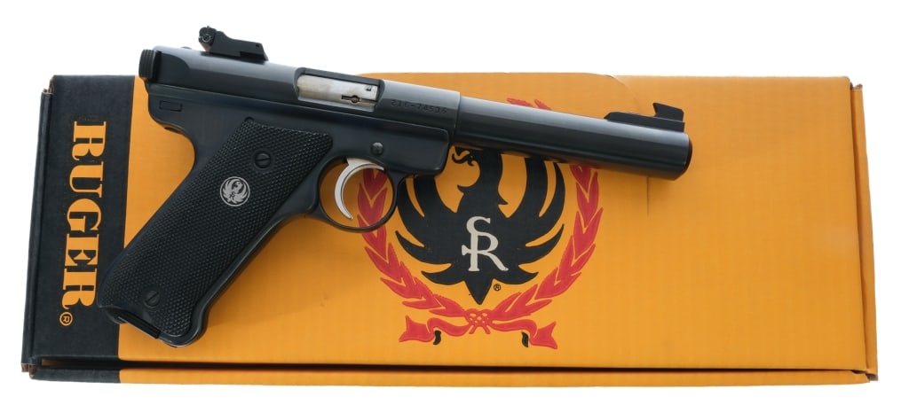 Ruger MK II Target .22 LR Semi-Auto Pistol: Description Ruger Mark II Target chambered in .22 Long Rifle with one, ten round magazine and a 5.5" bull barrel. Manufactured in 1991 with serial number 216-74536. Blued steel frame with checkered po