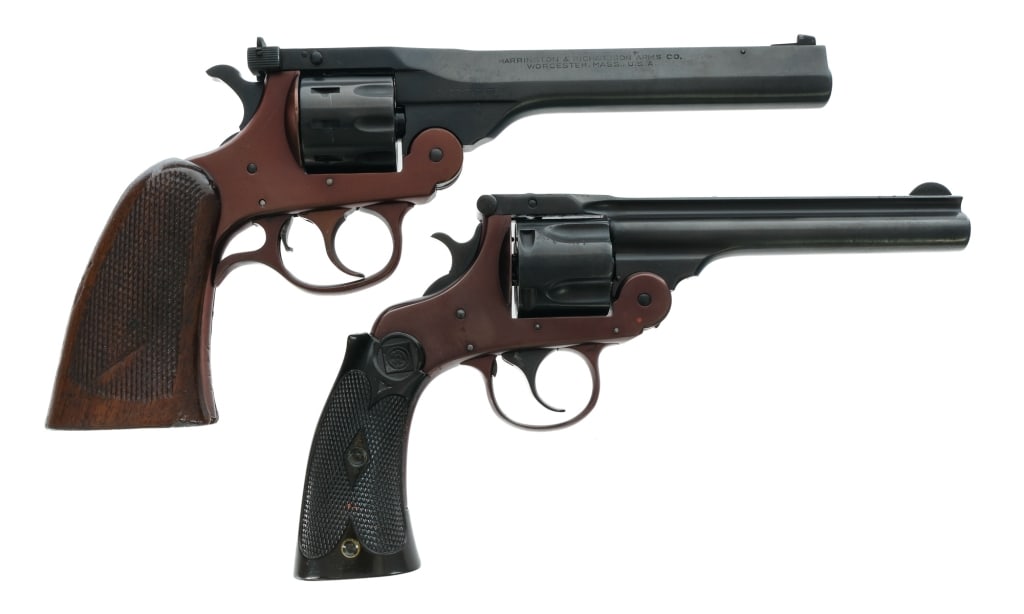 Harrington & Richardson .38/.22 2 Pcs Lot Revolver: Description Harrington & Richardson lot with two pieces. The first is a H&R Sportsman in .22 Long Rifle with a nine round capacity and a 6" barrel. Checkered wood grip. Plumb blued trigger, guard and 