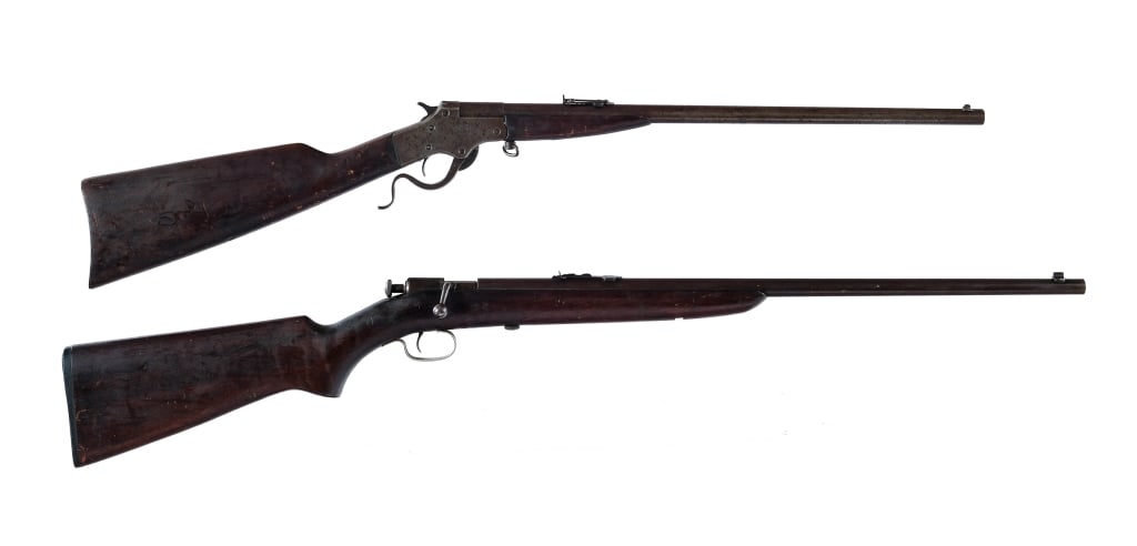 Winchester / Stevens .22/.25 2 Pcs Lot Rifle: Description This lot is for two rifles. Winchester Model 60-A in .22 Short, Long or Long Rifle with a single round capacity and a 23" barrel. Smooth wood stock. Finish worn receiver and barrel. Rear a
