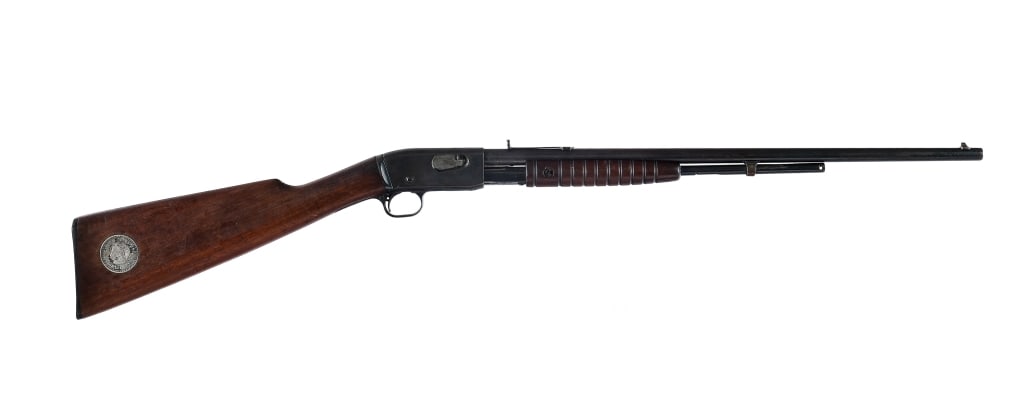 Remington 12-A .22 Cal Pump Action Rifle: Description Remington 12-A chambered in .22 Short, Long, and Long Rifle with a varied capacity tube magazine (missing) and a 21 1/4" barrel. Rear notch sight and fixed front blade. The adjustment for 