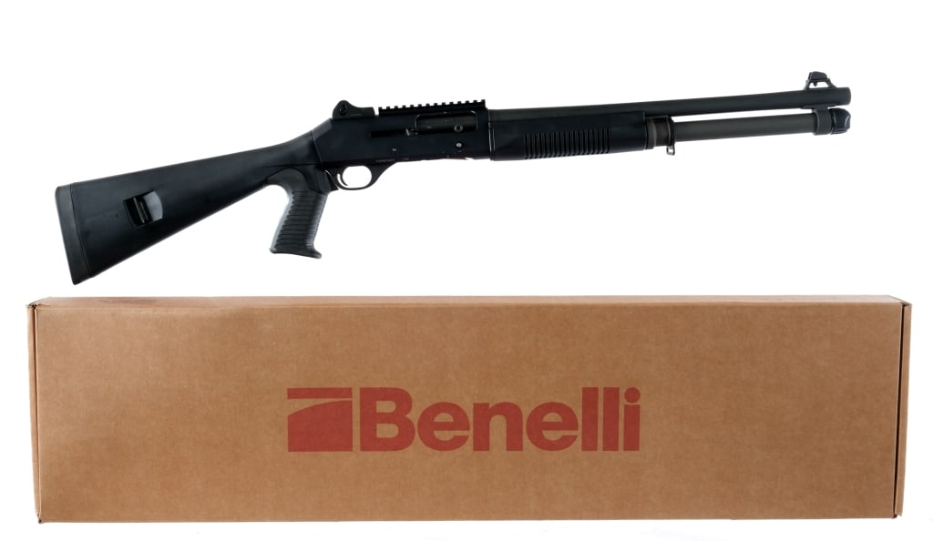 Benelli M4 12Ga Semi Auto Shotgun: Description Benelli M4 chambered in 12 Gauge for 2 3/4" and 3" shells with a seven round extended tube magazine and a 18.5" barrel. Piston Driven Auto-Regulating Gas Operating shot gun with anodized b