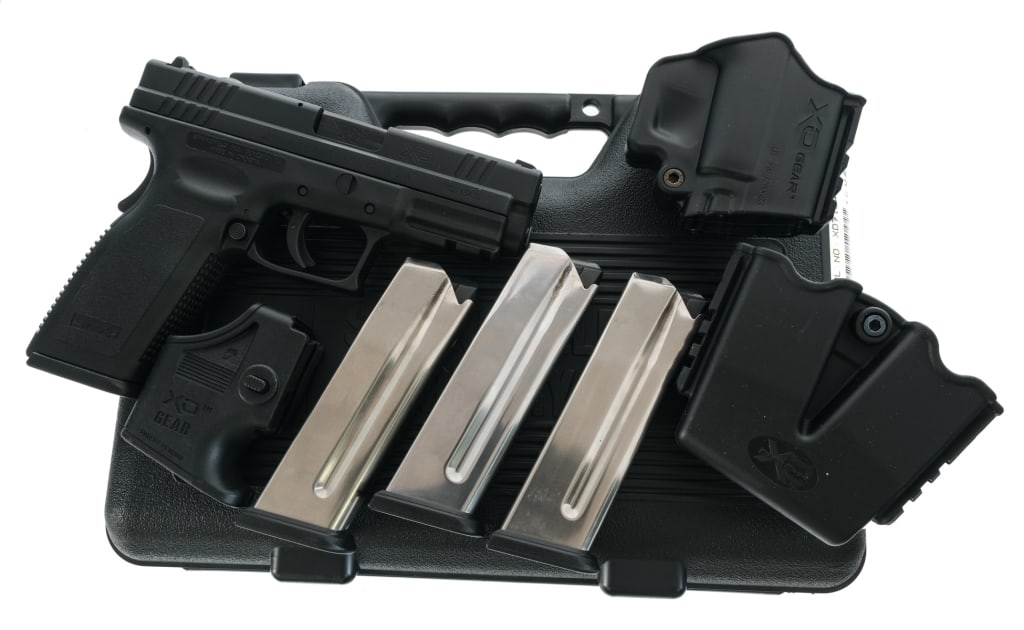 Springfield Armory XD .45 ACP Semi Auto Pistol: Description Springfield Armory XD-45 IN .45 ACP with four, ten round removable magazines and a 4" barrel. Black composite frame and trigger. Black finished Melonite corrosion resistant serrated slide.