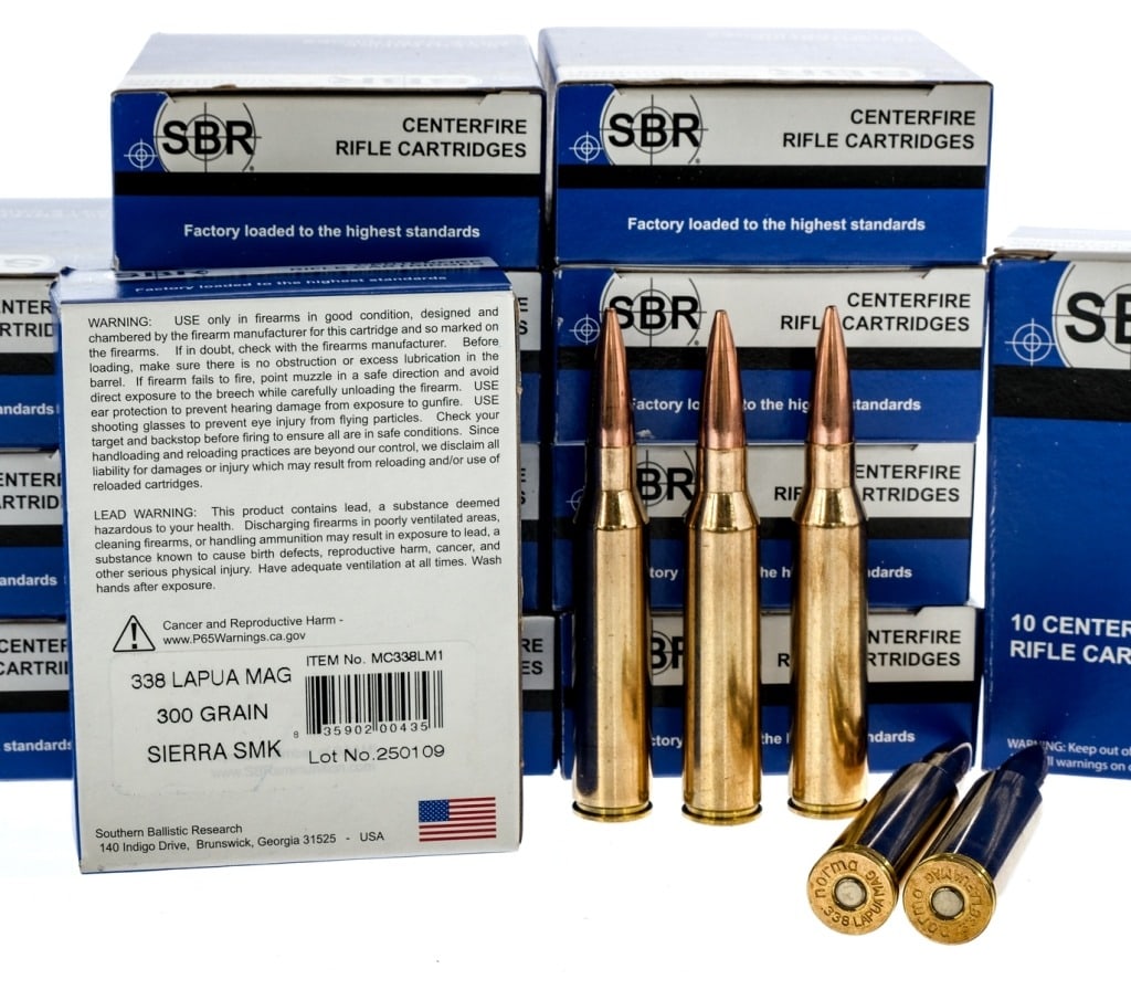 SBR .338 Lapua Magnum Rifle Ammo 130 Rds: Description Southern Ballistic Research ( SBR ) Precision .338 Lapua Magnum Rifle Ammunition with thirteen, ten round boxes with one hundred and thirty unfired rounds. 300 grain Sierra SMK. Ships to b