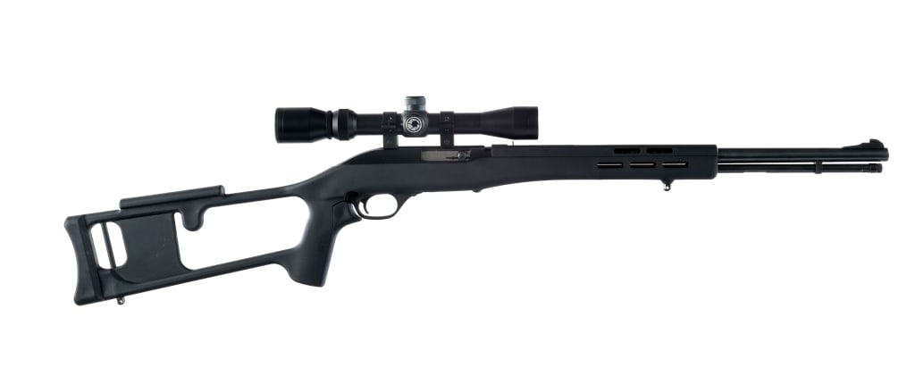 Marlin 60 .22 LR Semi Auto Rifle: Description Marlin Model 60 in .22 Long Rifle with a fifteen round capacity and a 19" barrel. Black composite stock and front forend. Black anodized finished receiver. Blued magazine tube and barrel. 