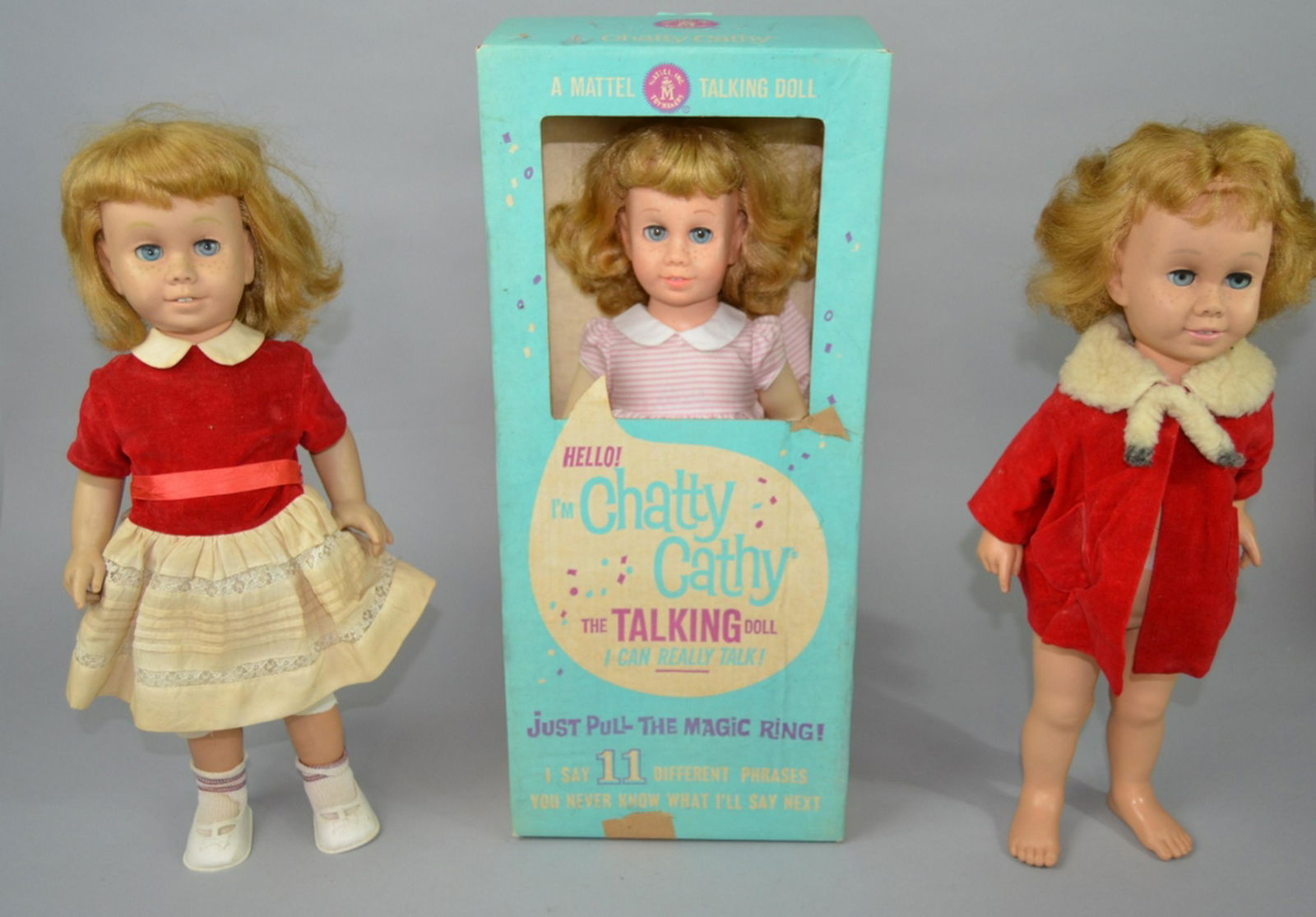 3pc Vtg Chatty Cathy Dolls w/ 1 Boxed: 3pc Vtg Chatty Cathy Dolls w/ 1 Boxed