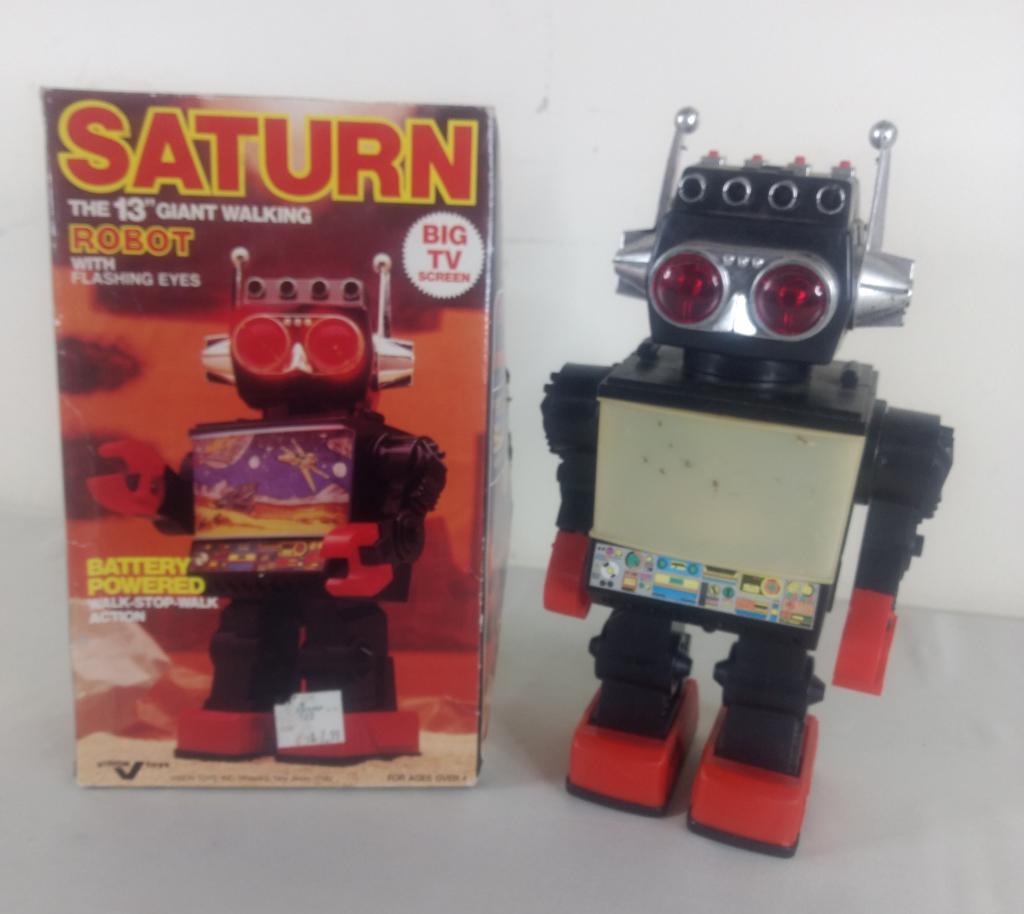 Vtg 13" Saturn B/O TV Robot in Box: Vtg 13" Saturn B/O TV Robot in Box