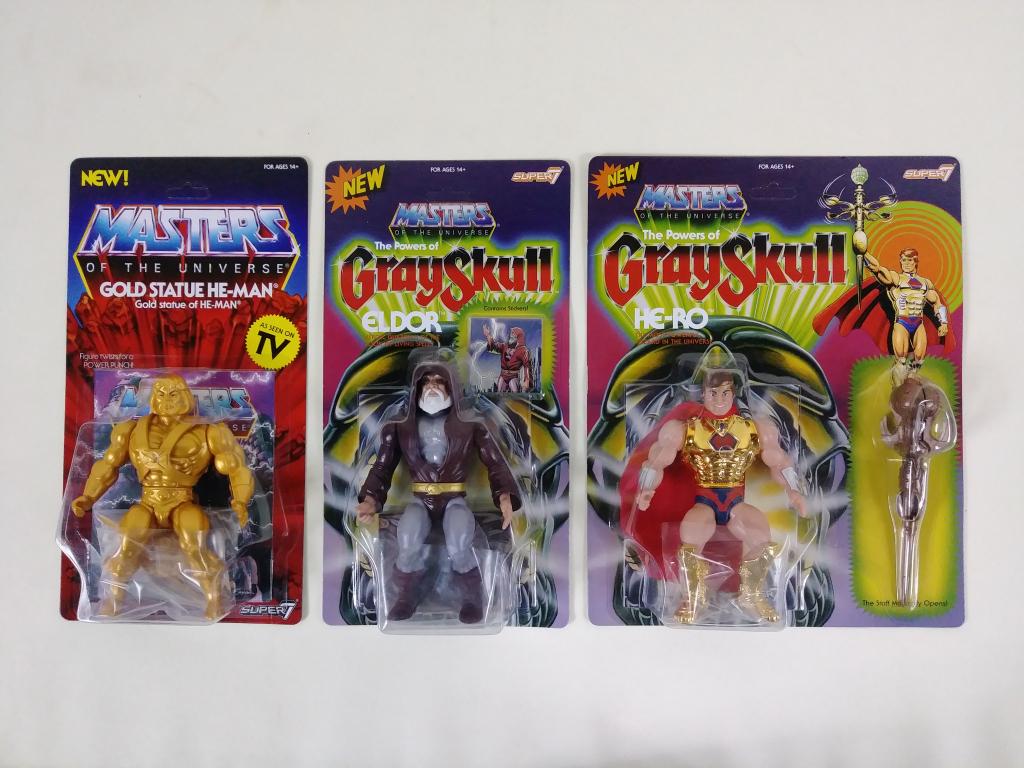 3pc Super 7 He-Man MOTU Figures NIP: He-Ro, Eldor, Gold Statue He-Man