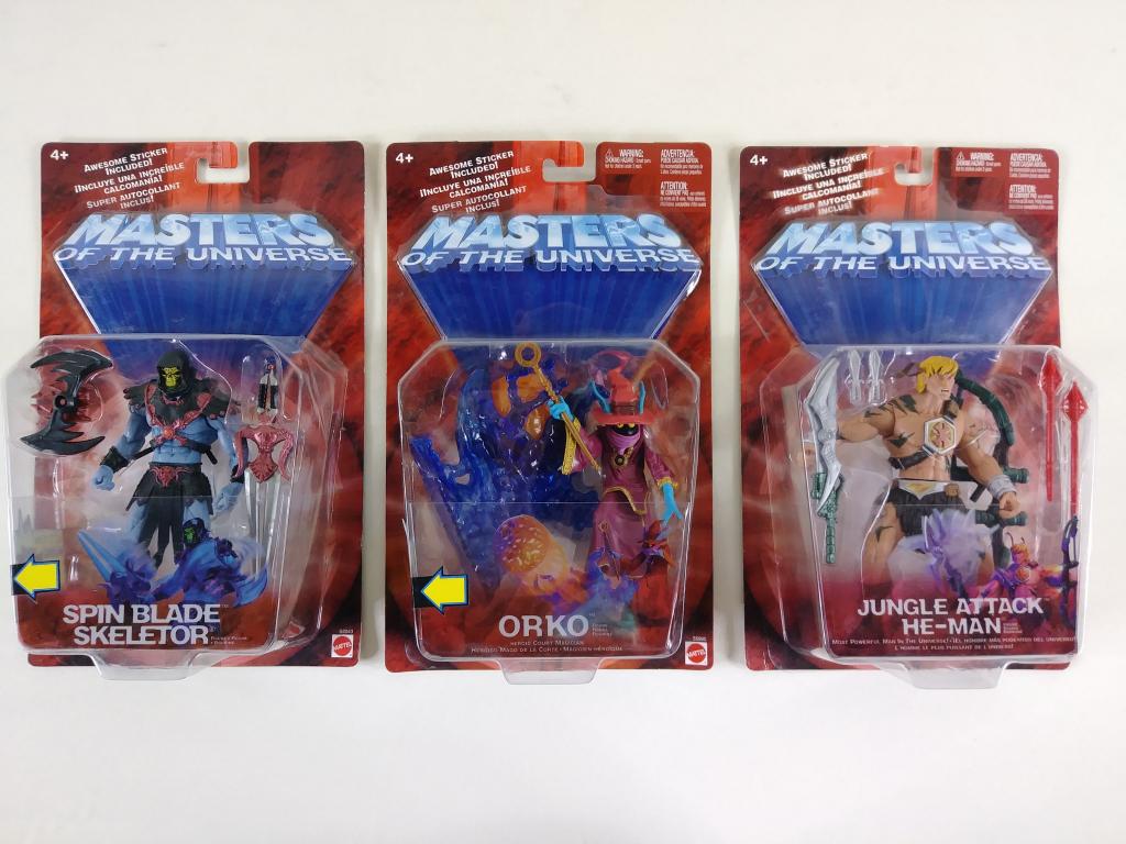 3pc He-Man MOTU 200X Figures NIP: Jungle Attack He-Man, Spin Blade Skeletor & Orko