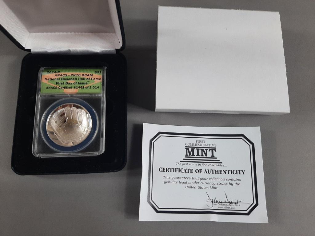 Baseball Hall of Fame Silver Dollar: 2014-P first day of issue, PR70 DCAM, ANACS certified #1448 of 2014, comes with case & COA