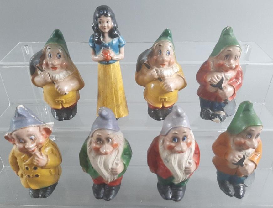 1938 German Snow White 7 Dwarves Compo Figure Set: Unlicensed. Snow White Measures approx 7" tall