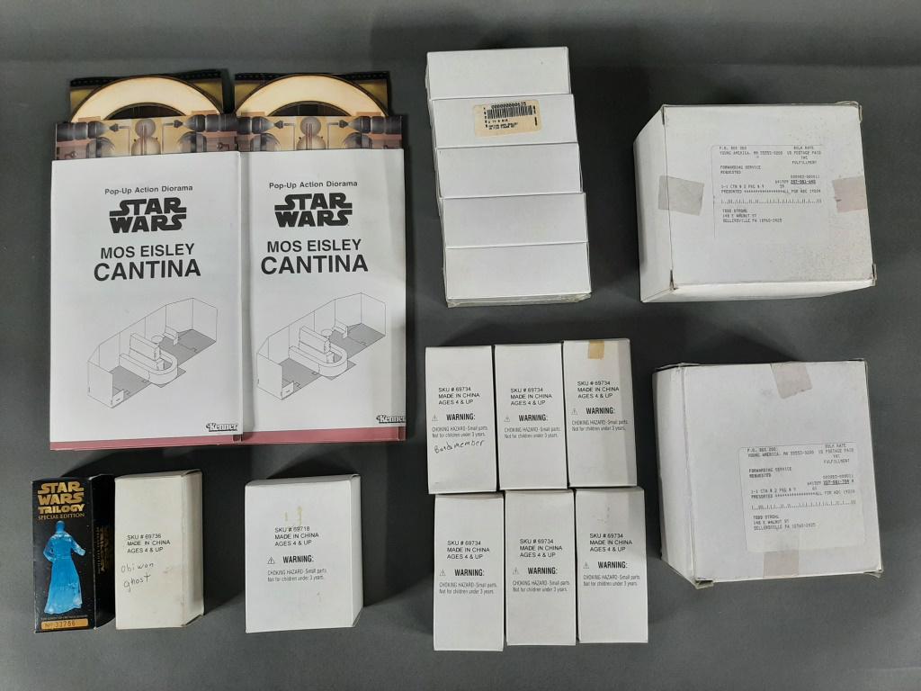18pc Star Wars POTF2 Mail-Away Figures & Acc: Sealed or unused in box. Sealed Creature Cantina Band, Han in Stormtroopers, Ghost of Obi-Wans, 2 Creature Cantinas, B'Omar Monk, 2 Slide Viewers