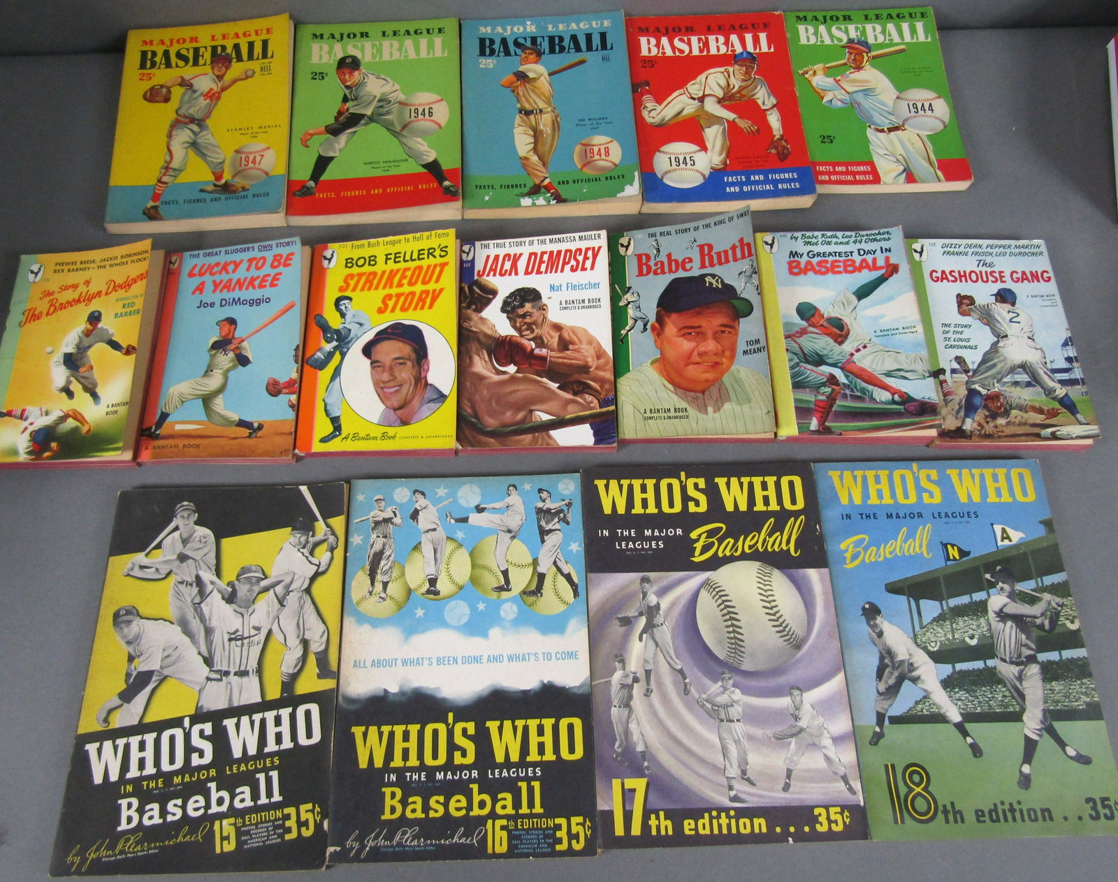 16 Vols. Vtg Sports Pubs. w/ Who's Who in Baseball: Includes: - Major League Baseball, 1944, ft. Stan Musial - Major League Baseball, 1945, ft. Martin Marion - Major League Baseball, 1946, ft. Harold Newhouser & Connie Wisniewski - Major League Basebal