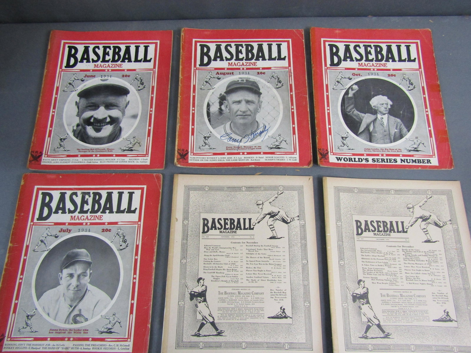 1934-35 Baseball Magazine w/ Casey Stengel Auto.,+: 20 Issues Autographs: - Billy Herman - Bill Hallahan - Bill Terry (NYG) Joe Stripp - Rick Ferrell - Lefty Gomez - Whitey Wilshere - Al Todd Roy Hughes - Joe Medwick - Charlie Geringer No COA.