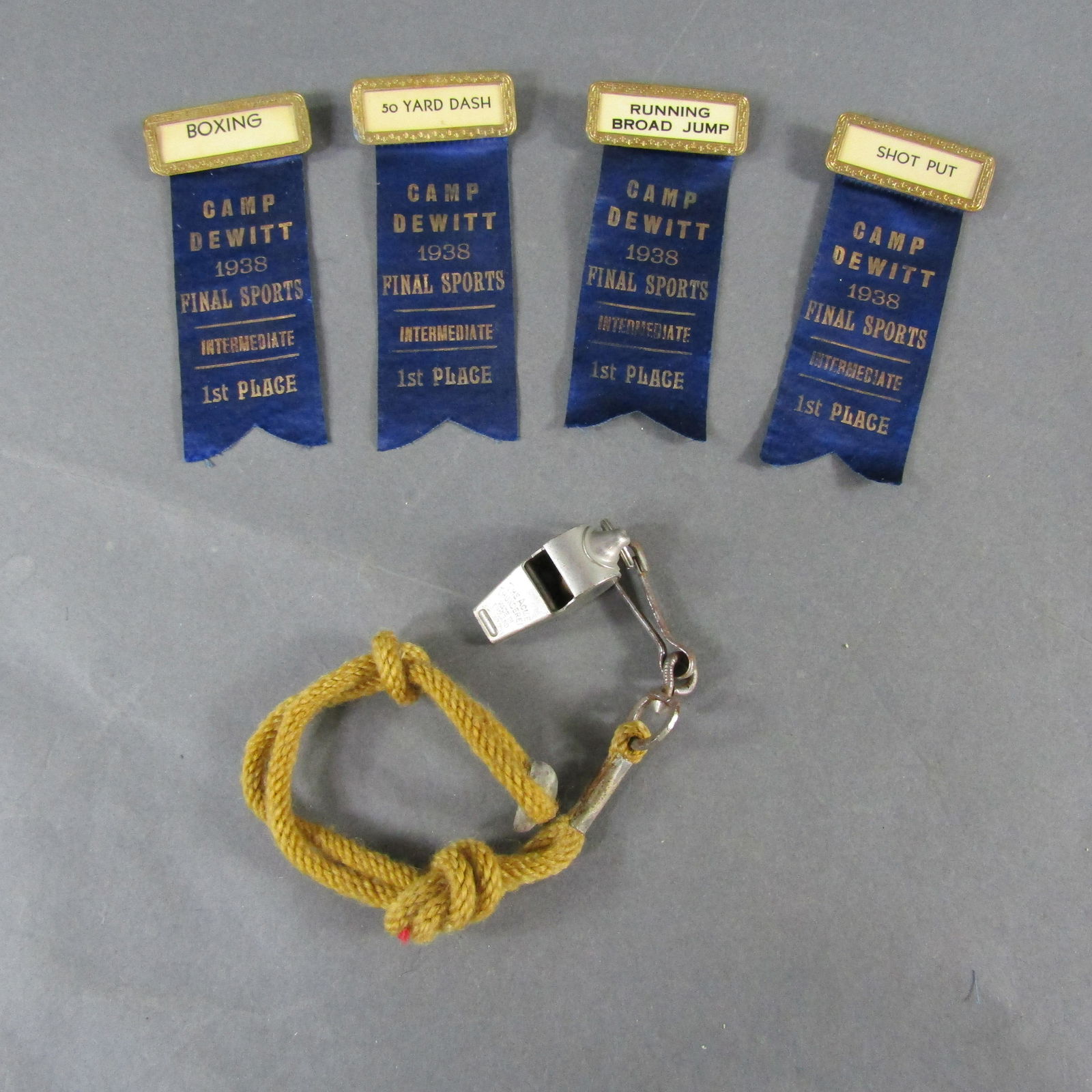 4 1938 Camp Dewitt Field Day Blue Ribbons: Includes: - Coaches whistle, wooden ball insert
