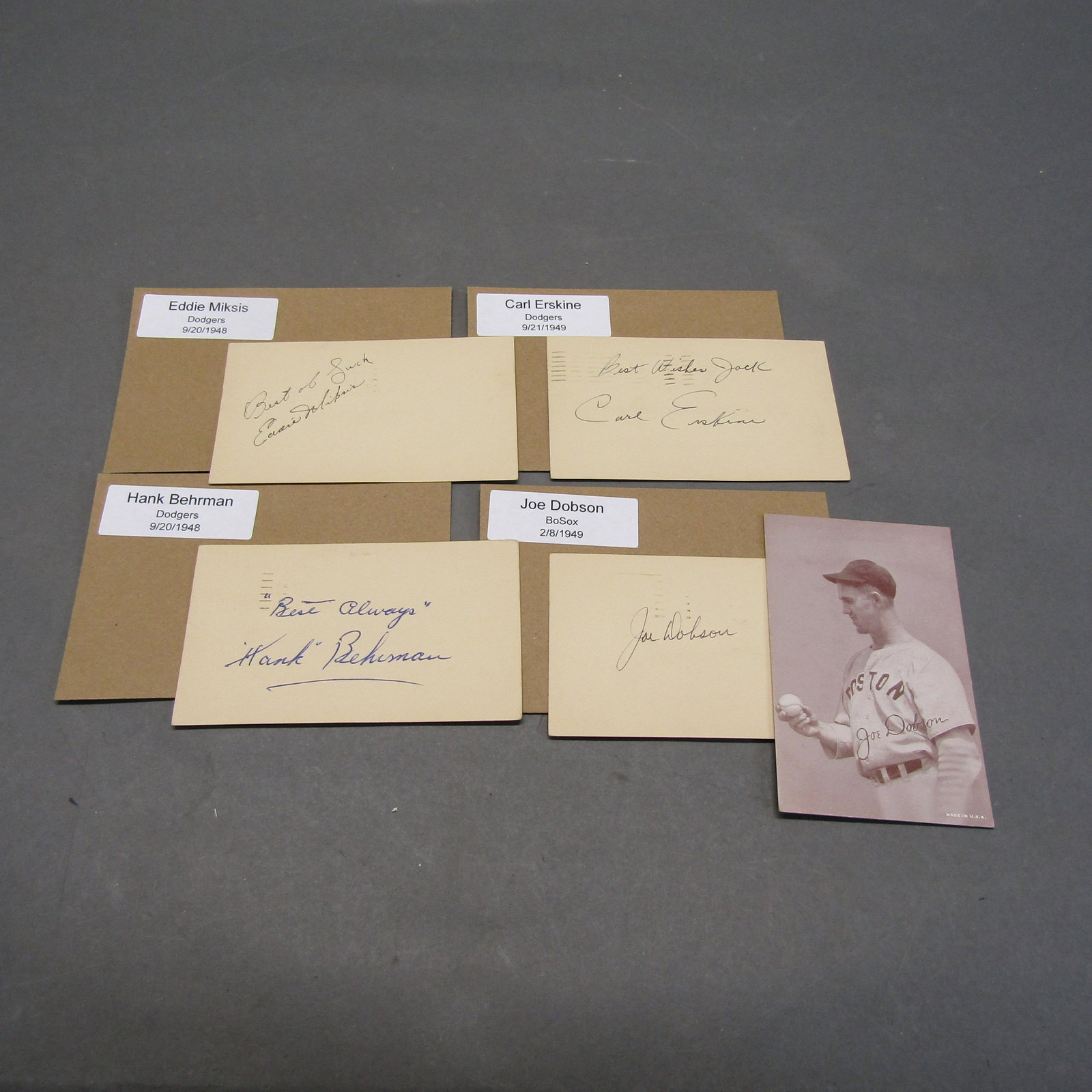 Carl Erskine, Eddie Miksis, + 3"x5" Auto'd Cards: Autographs obtained in 1948/49 by Jack Koch, Postal Worker - Phillipsburg, NJ, and had remained in his possession until the liquidation of his estate in the spring of 2021. No COA.