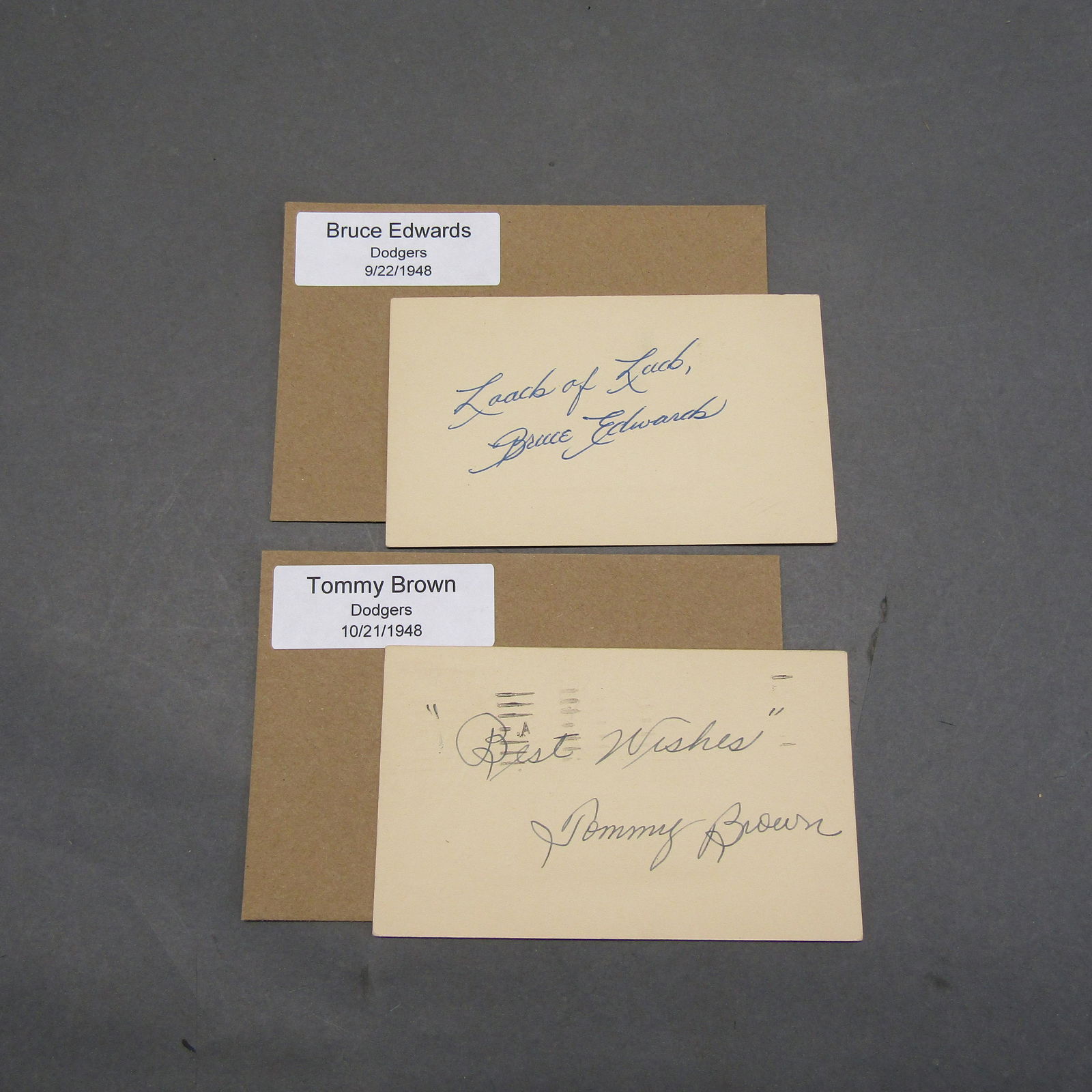 Tommy Brown, Bruce Edwards, 3"x5" Auto'd Cards: Autographs obtained in 1948/49 by Jack Koch, Postal Worker - Phillipsburg, NJ, and had remained in his possession until the liquidation of his estate in the spring of 2021. No COA.