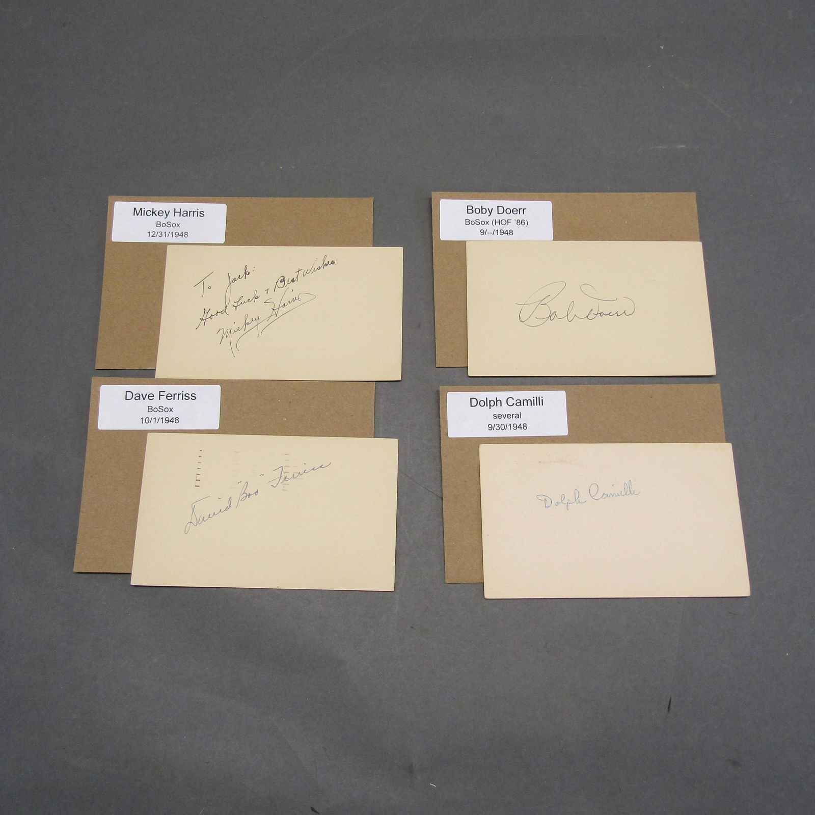 Bobby Doerr, Dolph Camilli, + 3"x5" Auto'd Cards (1 of 2)